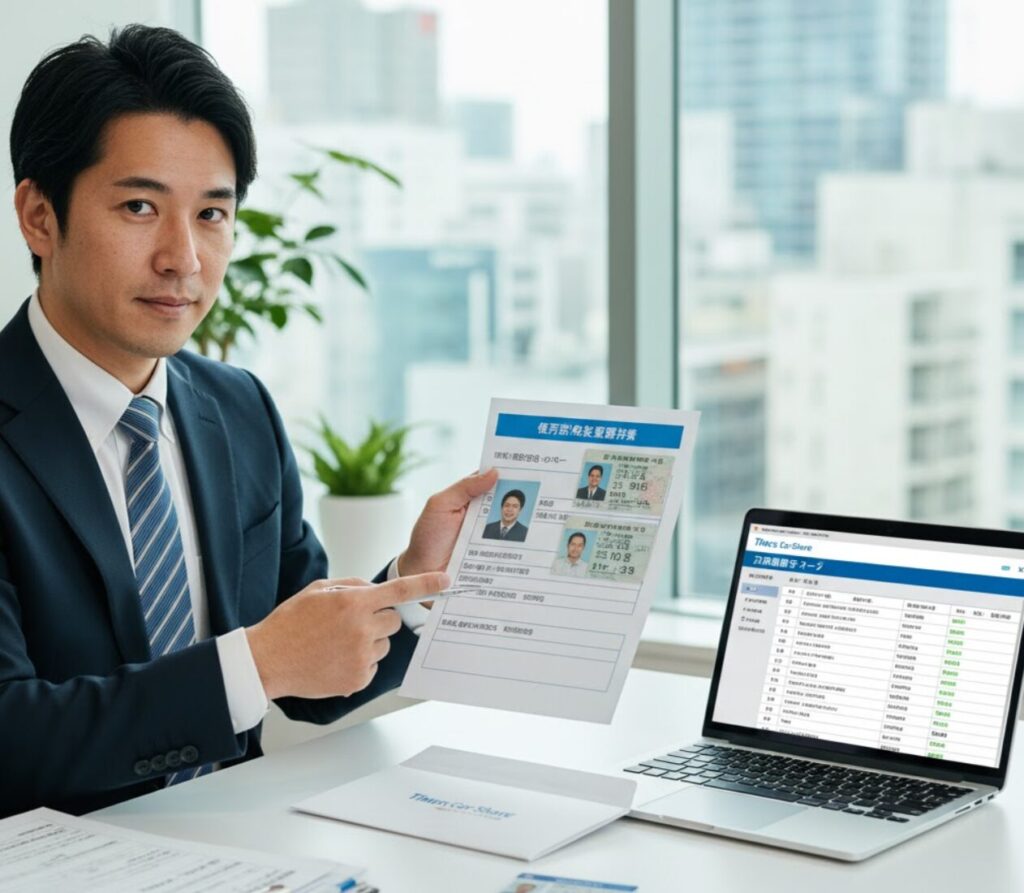 タイムズカーシェアの「免許証情報変更申請書」と新しい免許証のコピーを持って、郵送手続きが必要なケースを説明している男性。