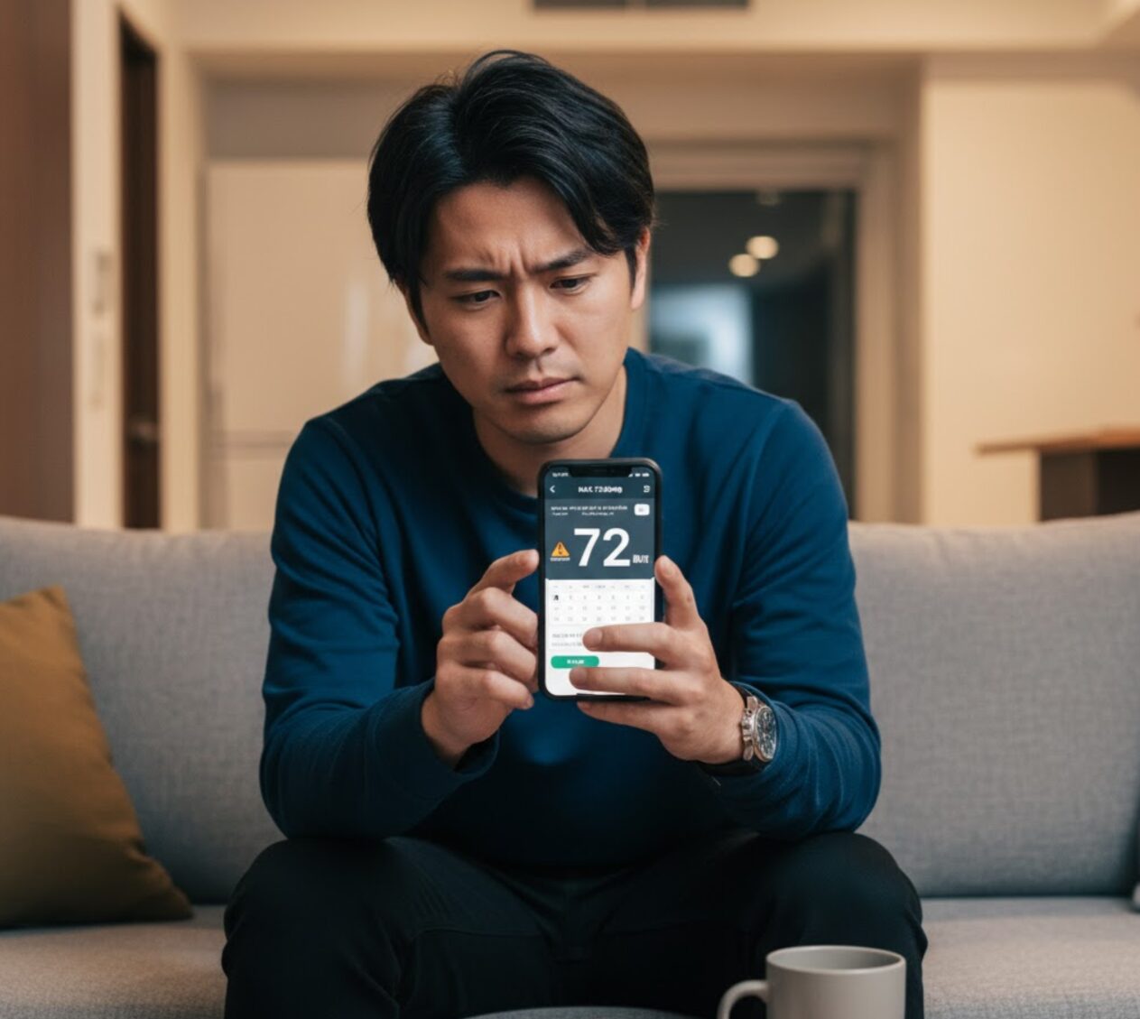 タイムズカーシェアの4日間利用をスマートフォンで計画する日本人男性。