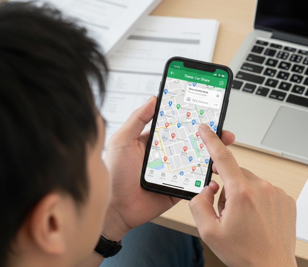 スマートフォンの地図アプリで、多数のステーション(ピン)を一つずつタップして地道に検索している様子。