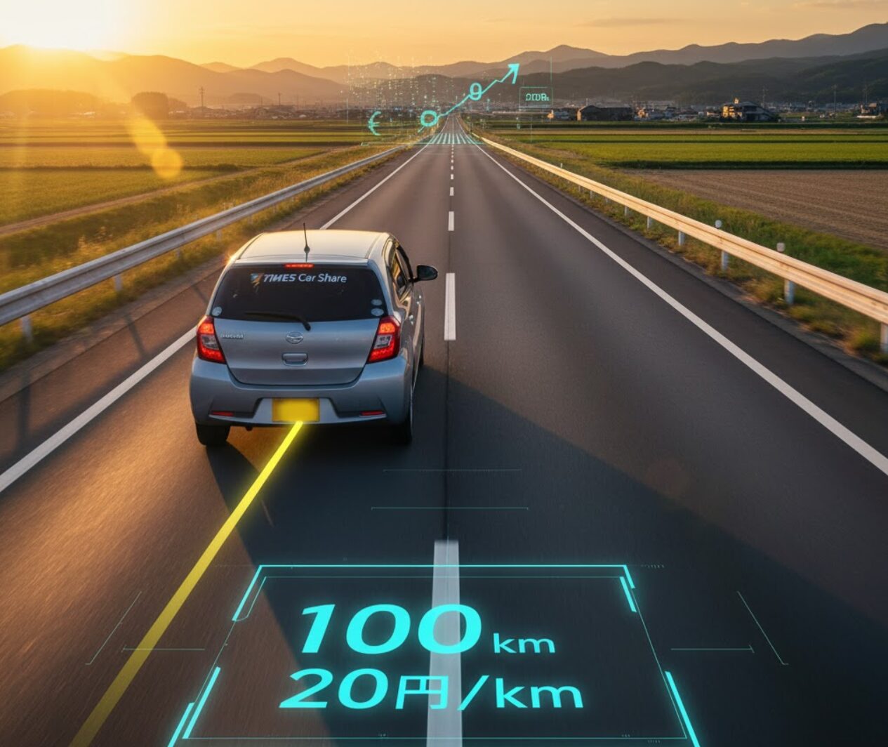 地平線まで続く長い道路を走る車。走行距離に応じて課金される「距離料金」の概念を視覚化。