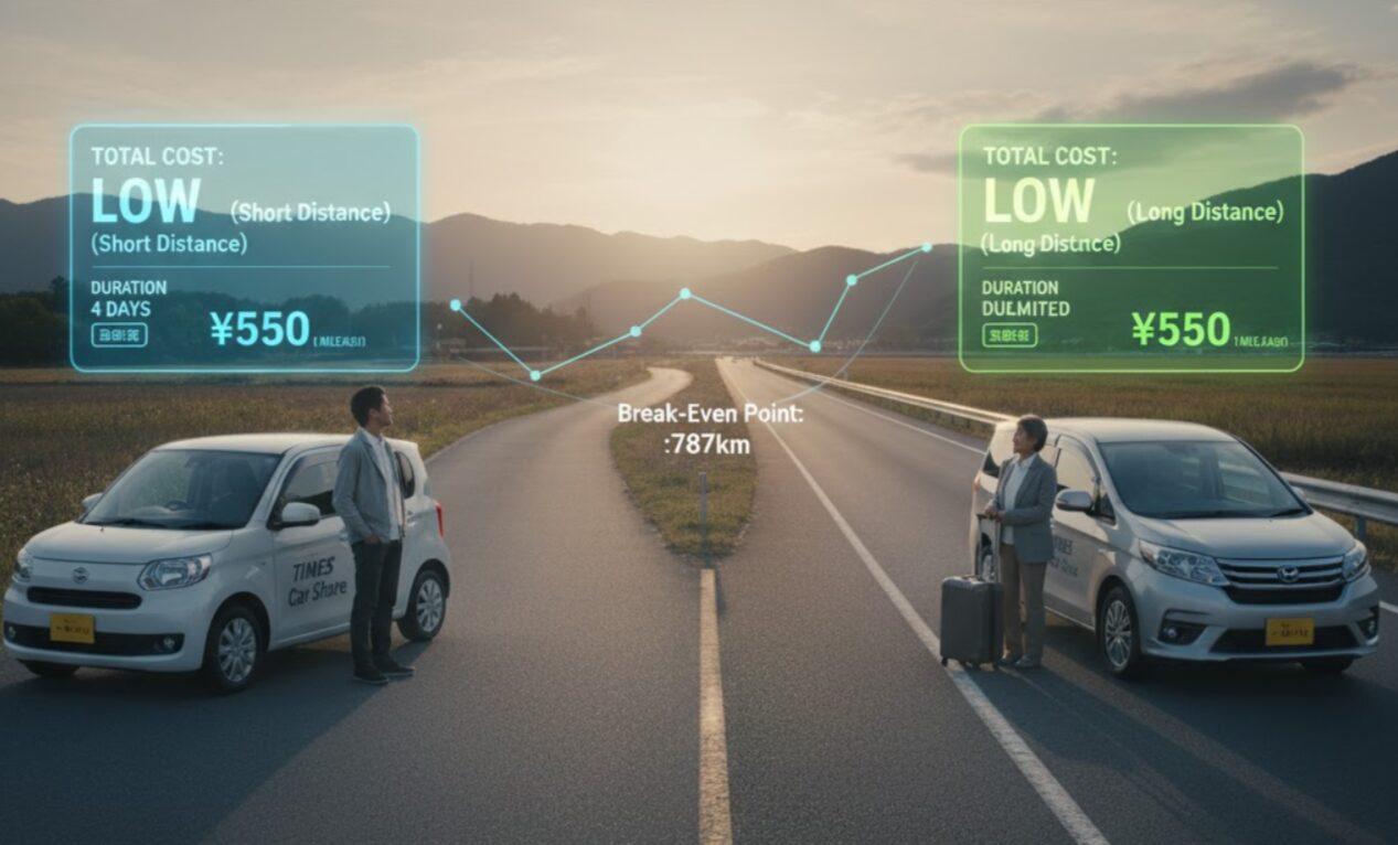 カーシェアとレンタカーの分岐点で、どちらを選ぶか考える日本人。4日間利用の損益分岐点を象徴。
