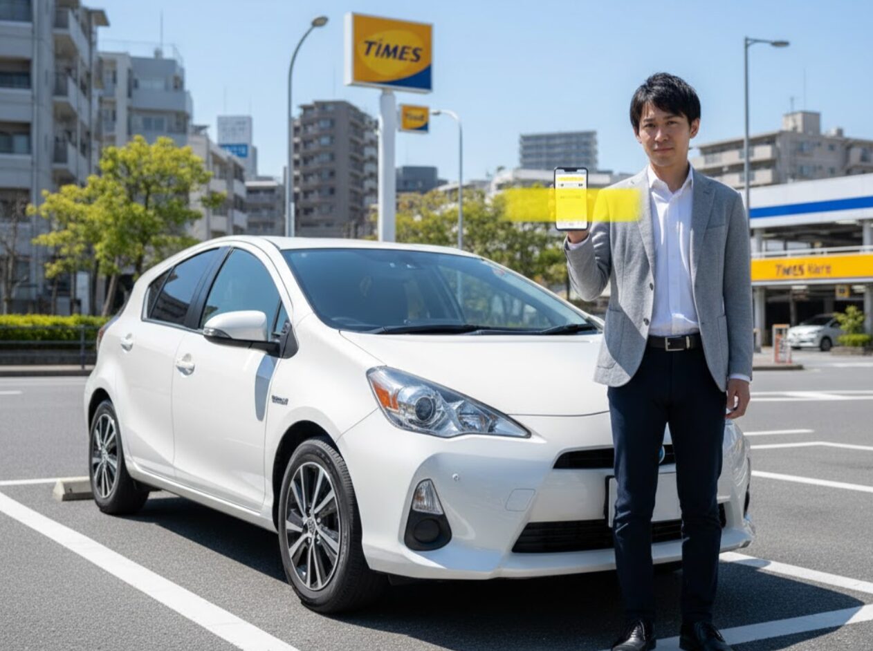 タイムズカーシェアの駐車場でスマートフォンを操作する日本人男性