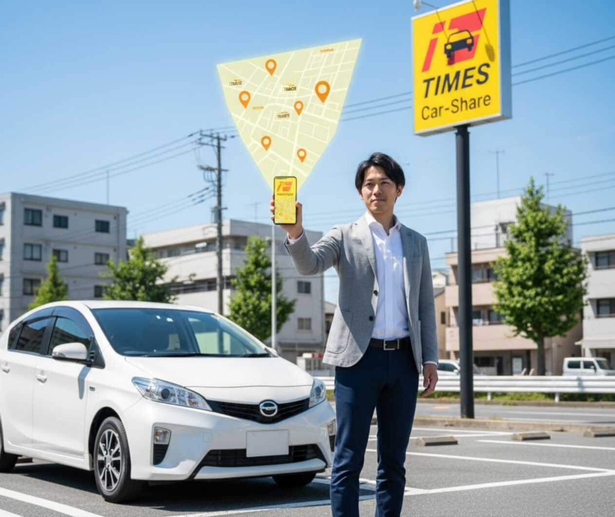 タイムズカーシェアの駐車場でスマートフォンの地図アプリに表示されたステーション位置を指す日本人男性