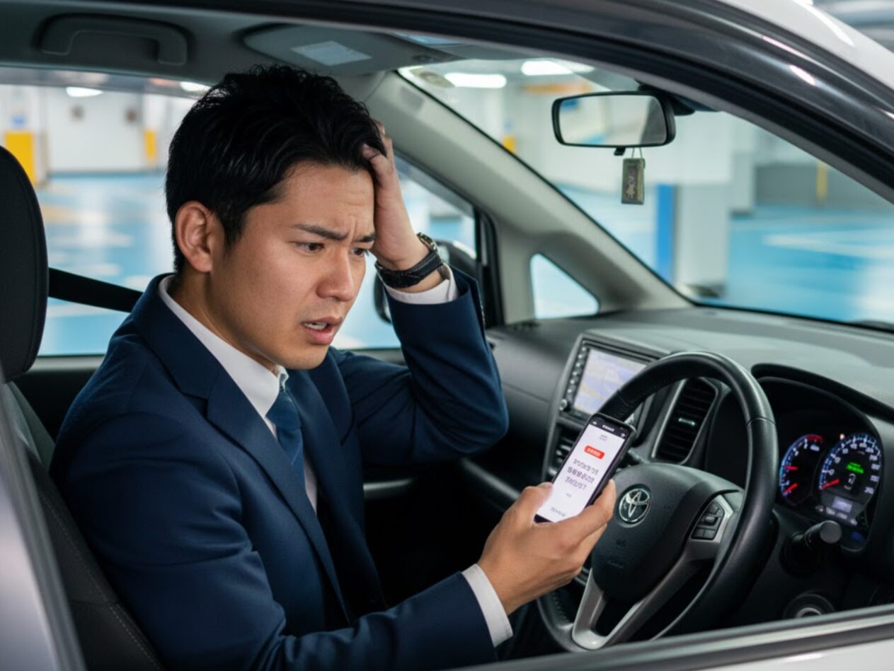 カーシェアの運転席でスマートフォンを持ち、延長ができず困った表情を浮かべる日本人ドライバー。