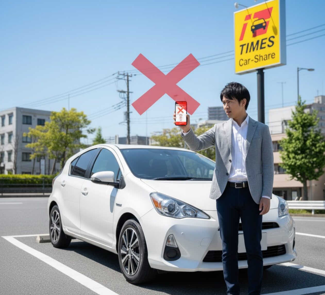 タイムズカーシェアの駐車場でスマートフォンの画面にバツ印が表示されているのを見て困惑する日本人男性