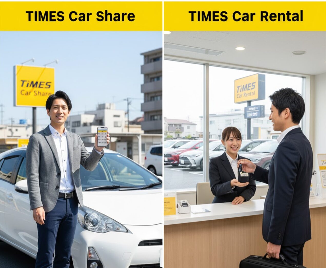 左側にタイムズカーシェアの駐車場でスマートフォンを掲げる男性、右側にタイムズカーレンタルの店舗で鍵を受け取る男性の対比画像