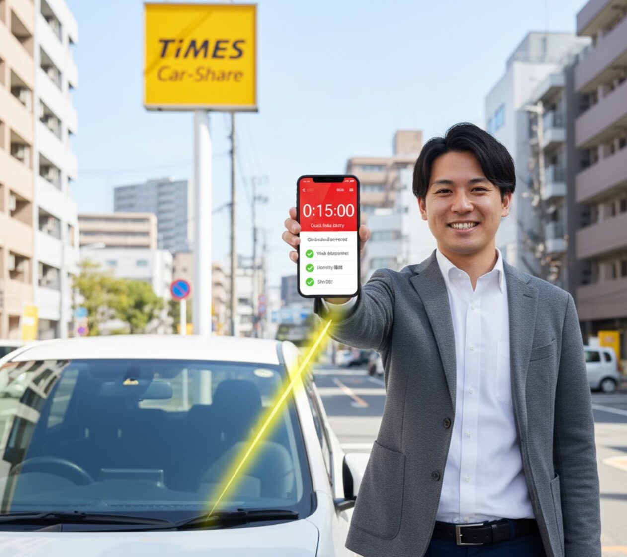イムズカーシェアの駐車場でスマートフォンに「最短15分で利用可能」と表示された画面を笑顔で見せる日本人男性