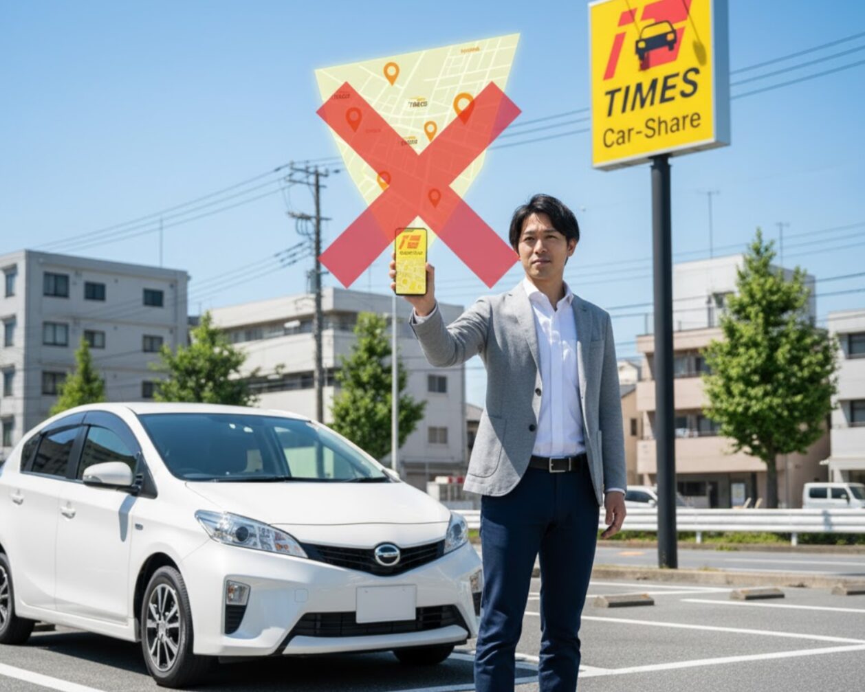 タイムズカーシェアの駐車場でスマートフォンにdカーシェアではタイムズカーシェアのステーションが表示されないことを示すバツ印の地図を見せる日本人男性