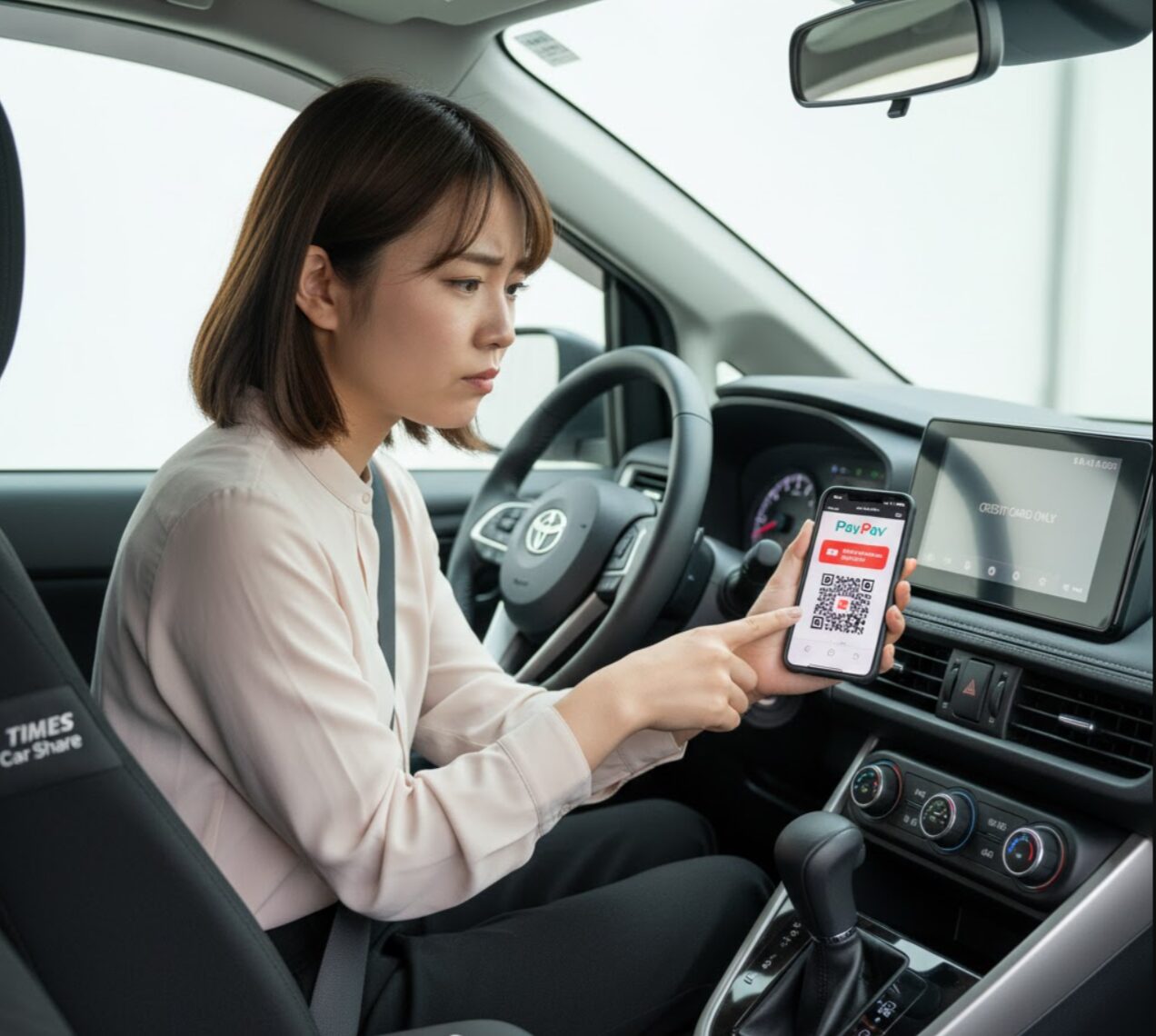 カーシェアの車内で、PayPayのQRコード決済画面が表示されたスマートフォンを指しながら、困惑した表情を浮かべる日本人女性。ダッシュボードには「CREDIT CARD ONLY」の表示が見える。