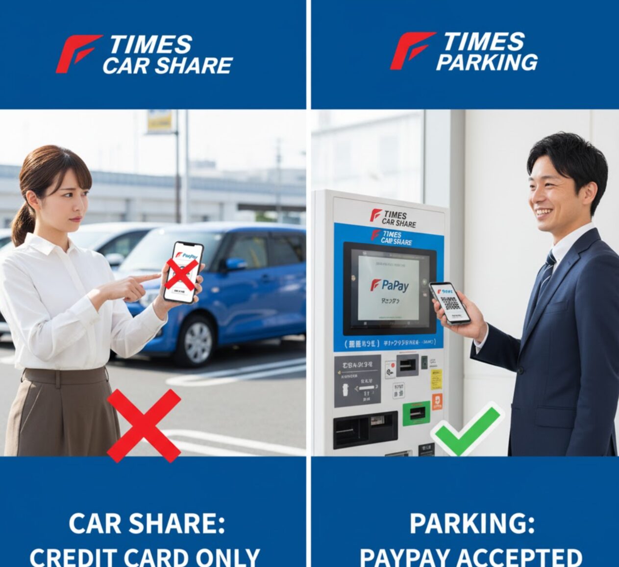 タイムズカーシェアではPayPayが使えないことを示す日本人女性と、タイムズパーキングではPayPayが使えることを示す日本人男性を左右に配置した比較画像。左側では女性がカーシェアの車を背景にPayPay画面にバツ印をつけており、右側では男性がタイムズパーキングの精算機でPayPay決済をしている。