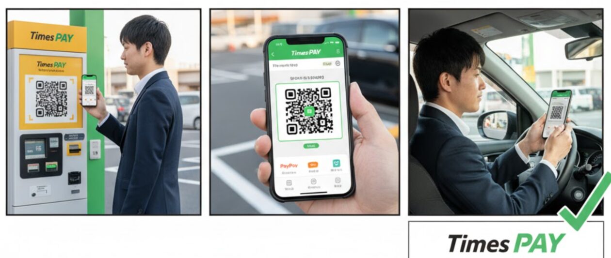 タイムズパーキングでのTimes PAYを使った支払い手順を示す3分割画像。左から、精算機でQRコードを表示させ、スマートフォンでQRコードを読み込み、車内でアプリ決済を完了させる日本人男性の様子。
