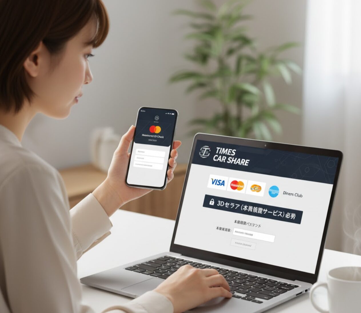 日本人女性がノートパソコンでタイムズカーシェアの支払い画面を開き、3Dセキュアの本人認証を行うためにスマートフォンを操作している様子。画面には主要クレジットカードブランドと「3Dセキュア(本人認証サービス)必須」の表示が見える。