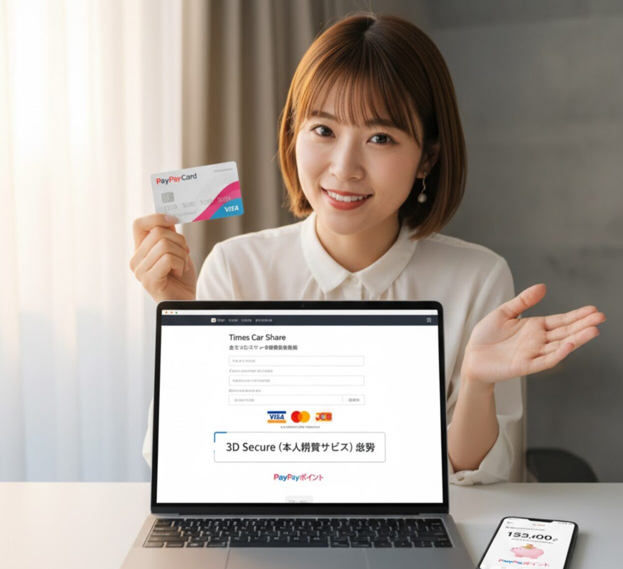 笑顔の日本人女性がPayPayカードを手に持ち、ノートパソコンに表示されたタイムズカーシェアの支払い画面(PayPayカードと3Dセキュア対応を示す)を指し示している。テーブルにはPayPayポイント残高が表示されたスマートフォンも置かれている。