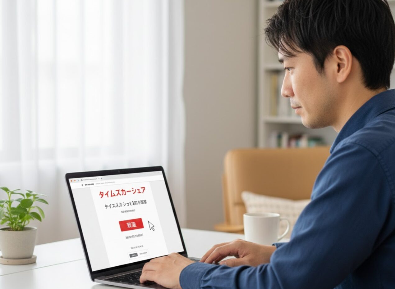 自宅のデスクでノートパソコンを操作し、カーシェアの予約取消（キャンセル）手続きを行う日本人。