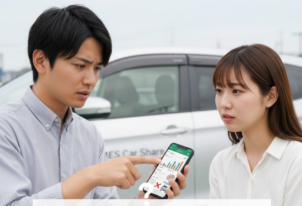 スマートフォンを指差しながら困惑した表情の日本人カップル。背景にはタイムズカーシェアのロゴが入った車が写っており、「タイムズカーシェア パック なくなった?2025年改定」というテーマを示唆している。