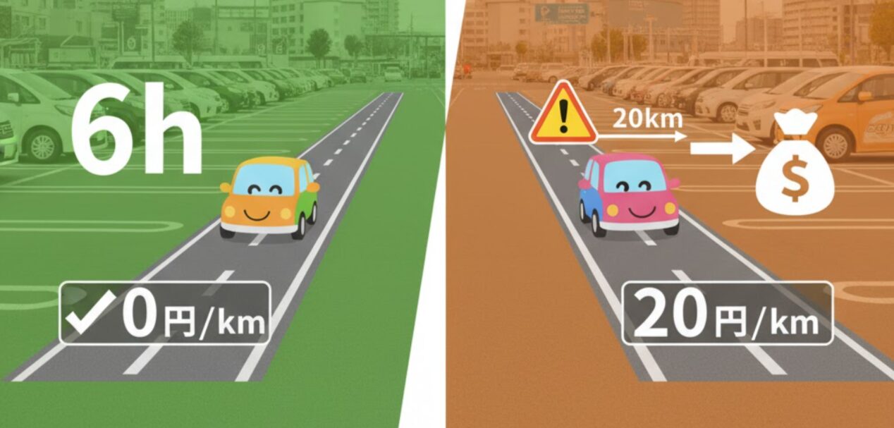タイムズカーシェアの現行ルールと新ルールを比較する図。現行は6時間以内距離料金無料、新ルールは20kmまで距離料金無料でそれ以降20円/km。