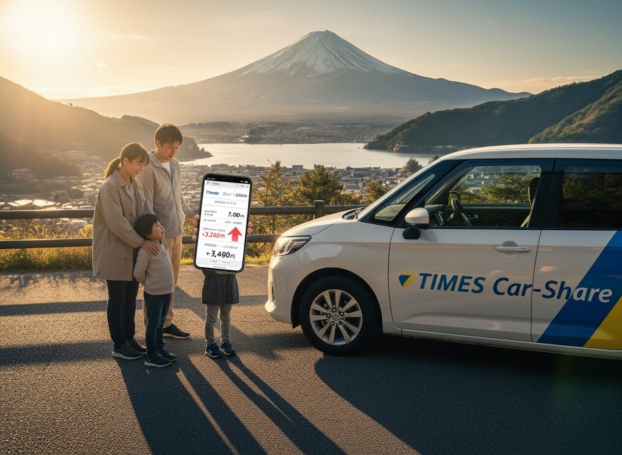 週末にカーシェアを利用して箱根のような景勝地へ日帰りドライブを楽しむ日本人カップル