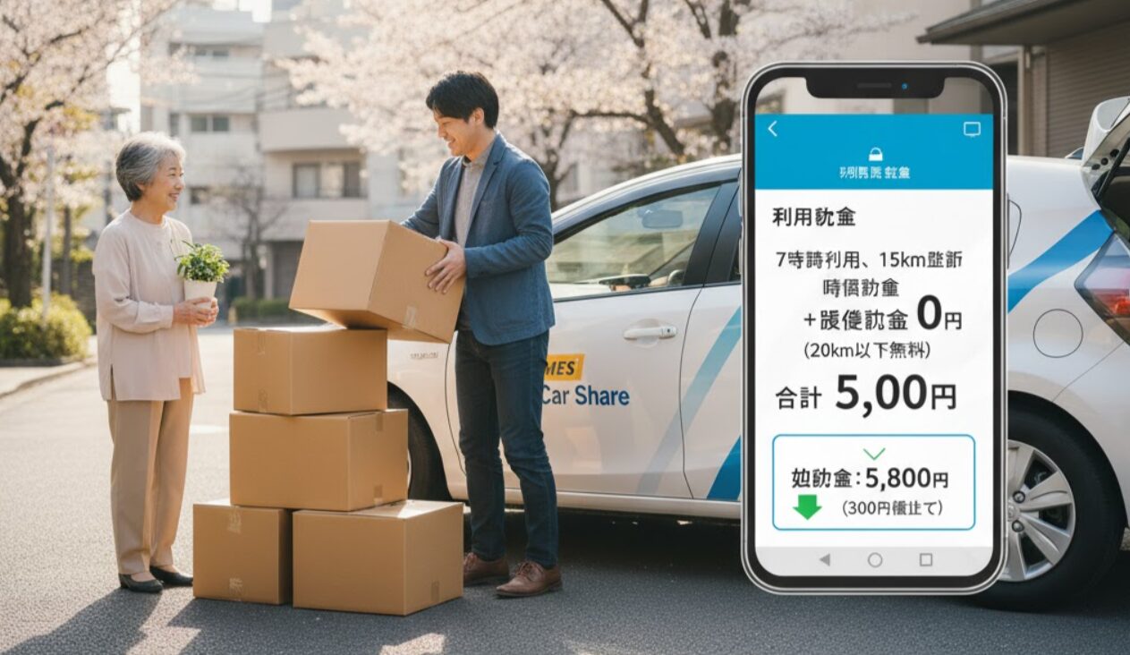 カーシェアのハッチバック車に引越し用の段ボールを積み込む日本人男性。長時間・短距離利用のイメージ。