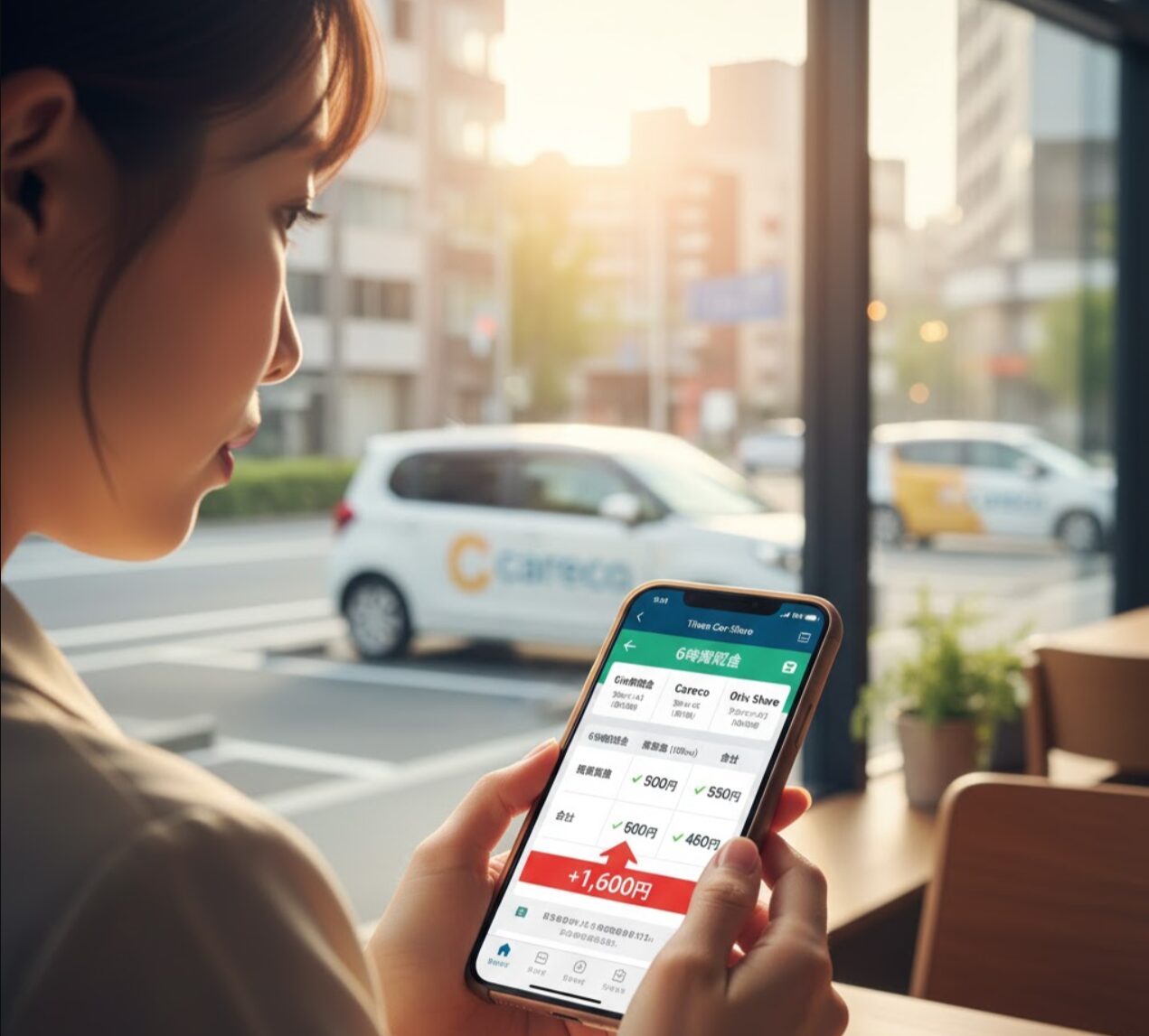 スマートフォンを片手に持ち、タイムズ、カレコ、オリックスなど複数のカーシェアサービスを比較検討している日本人女性
