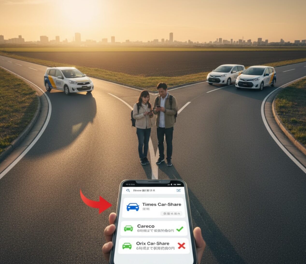 分岐する道路と、それぞれ別の方向に停まる2台のカーシェア車両。利用サービスの乗り換えや併用を象徴する画像。