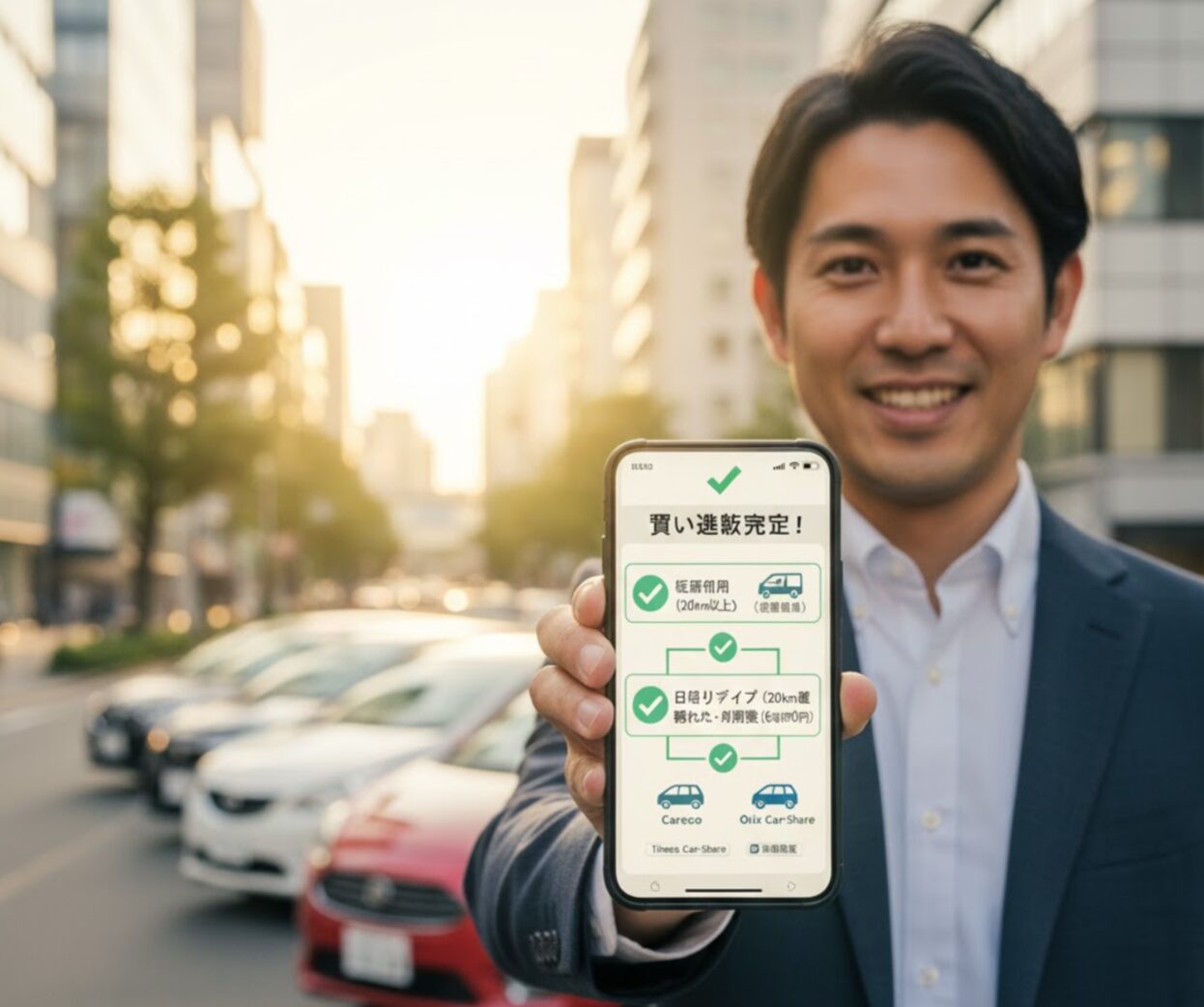 自分の利用スタイルを把握し、スマートフォンで賢くカーシェアの利用計画を立てる、納得した表情の日本人ユーザー