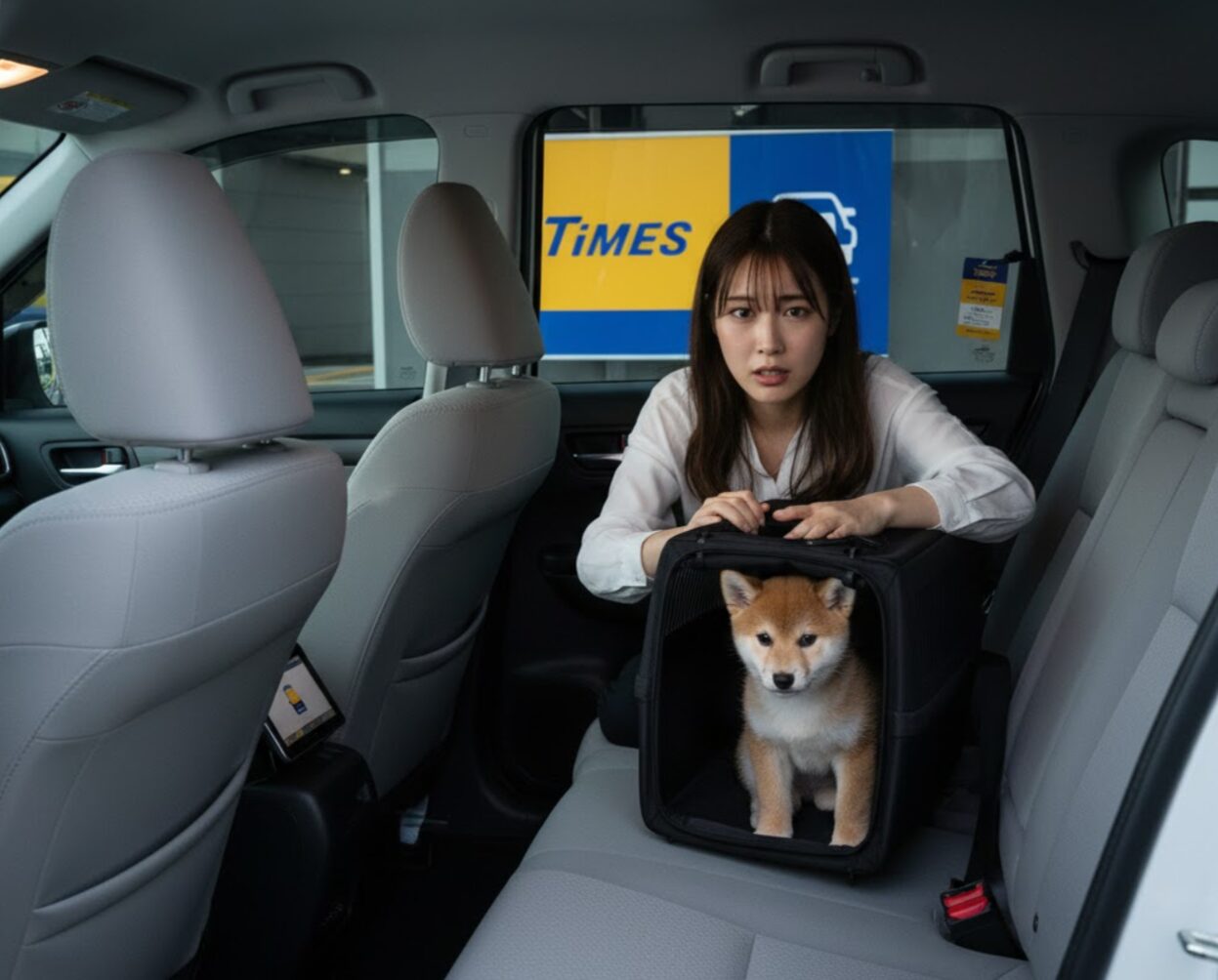 日本人女性がタイムズカーシェアの車内で犬をケージに入れている様子。不安げな表情で振り返っている。