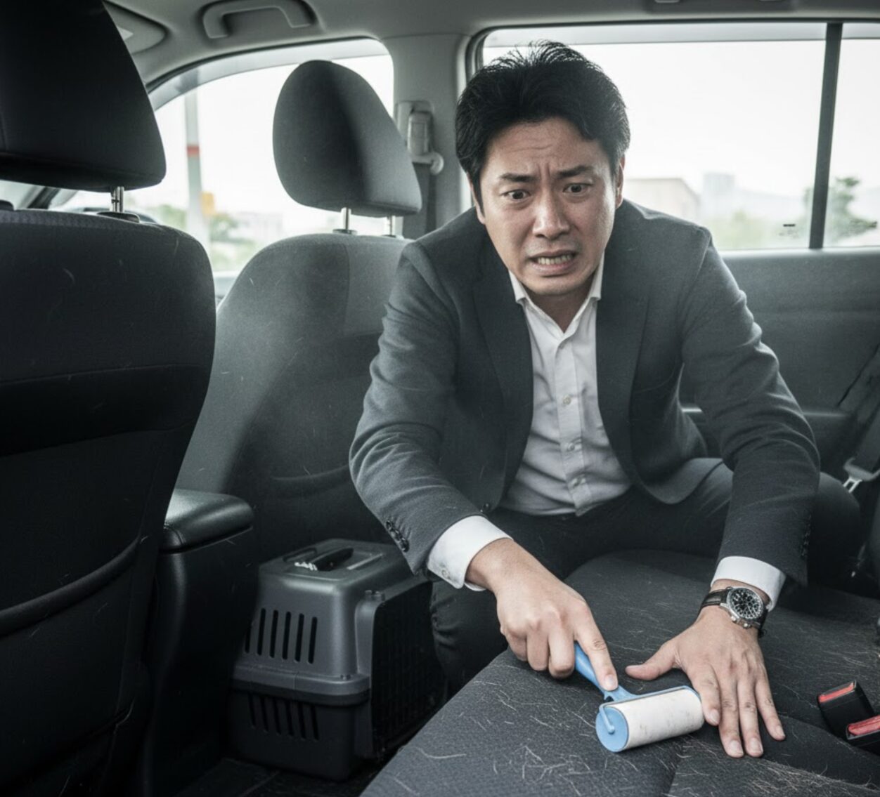 タイムズカーシェアの車内で、男性が犬の毛だらけになった後部座席を粘着クリーナーで必死に掃除している。