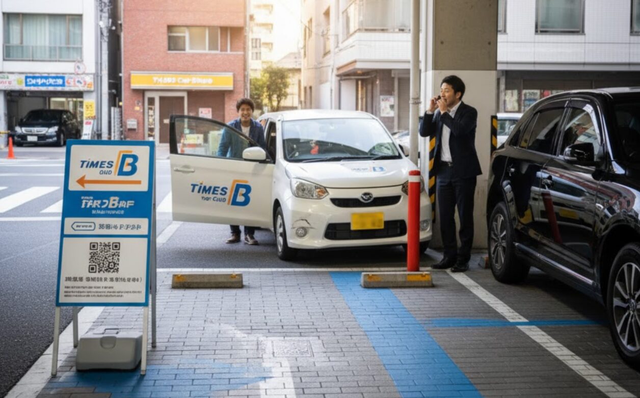 日本人女性がスマートフォンの地図アプリを操作し、カーシェアの駐車場(ステーション)を検索している様子。