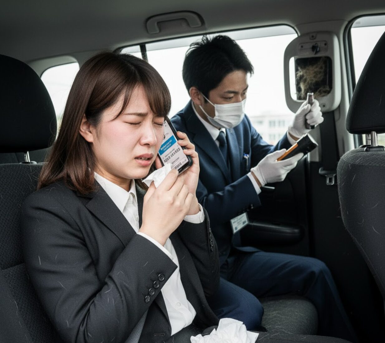 タイムズカーシェアの車内で、アレルギー反応で涙目になっている日本人女性が携帯電話で通報している。後ろにはマスクをつけたスタッフが点検している。