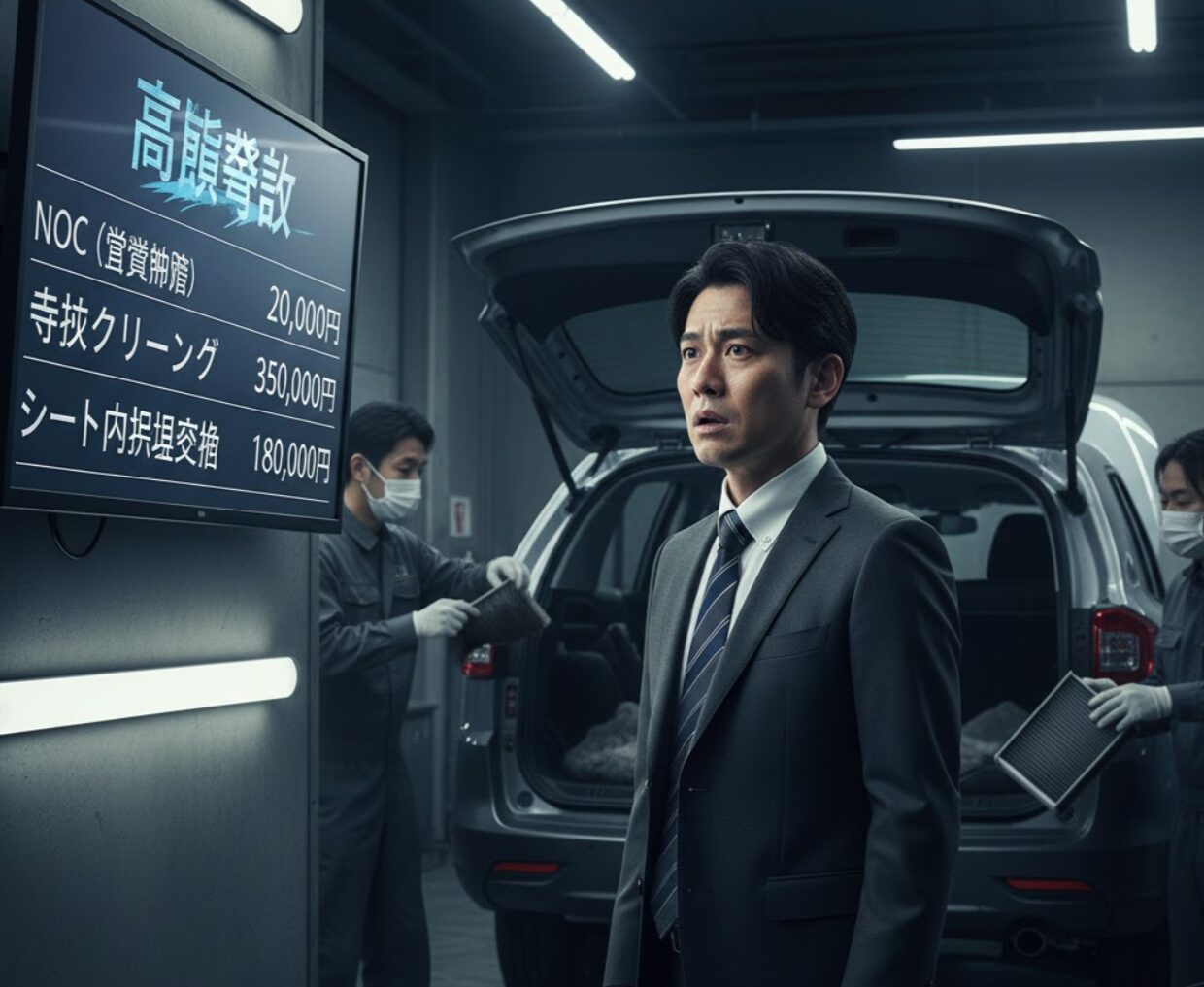 日本人男性が車の修理工場で高額な請求書を前に途方に暮れている。整備士が車の内部を点検している。
