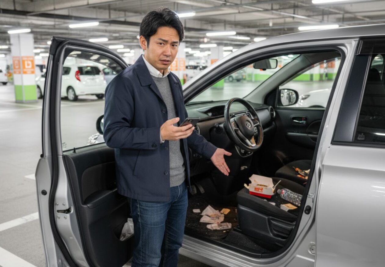 地下駐車場のタイムズカーシェアの車内で、前の利用者のものと思われるゴミが散乱しているのを見て困惑し、スマートフォンで報告しようとしている男性