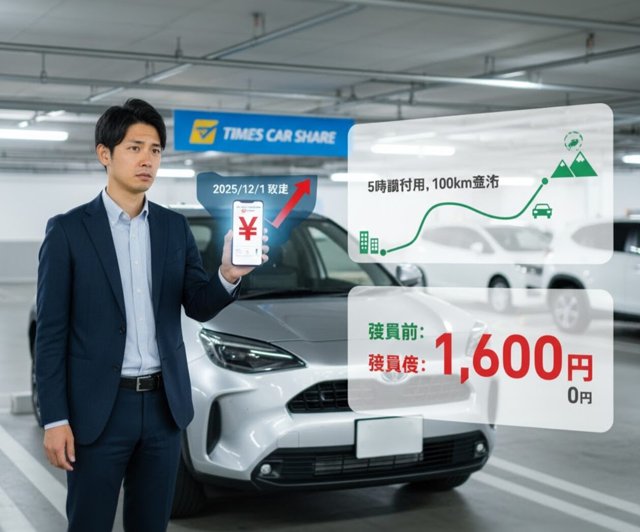 地下駐車場でタイムズカーシェアのアプリ画面をスマートフォンに表示させ、2025年12月1日からの料金改定による値上げで困惑する男性