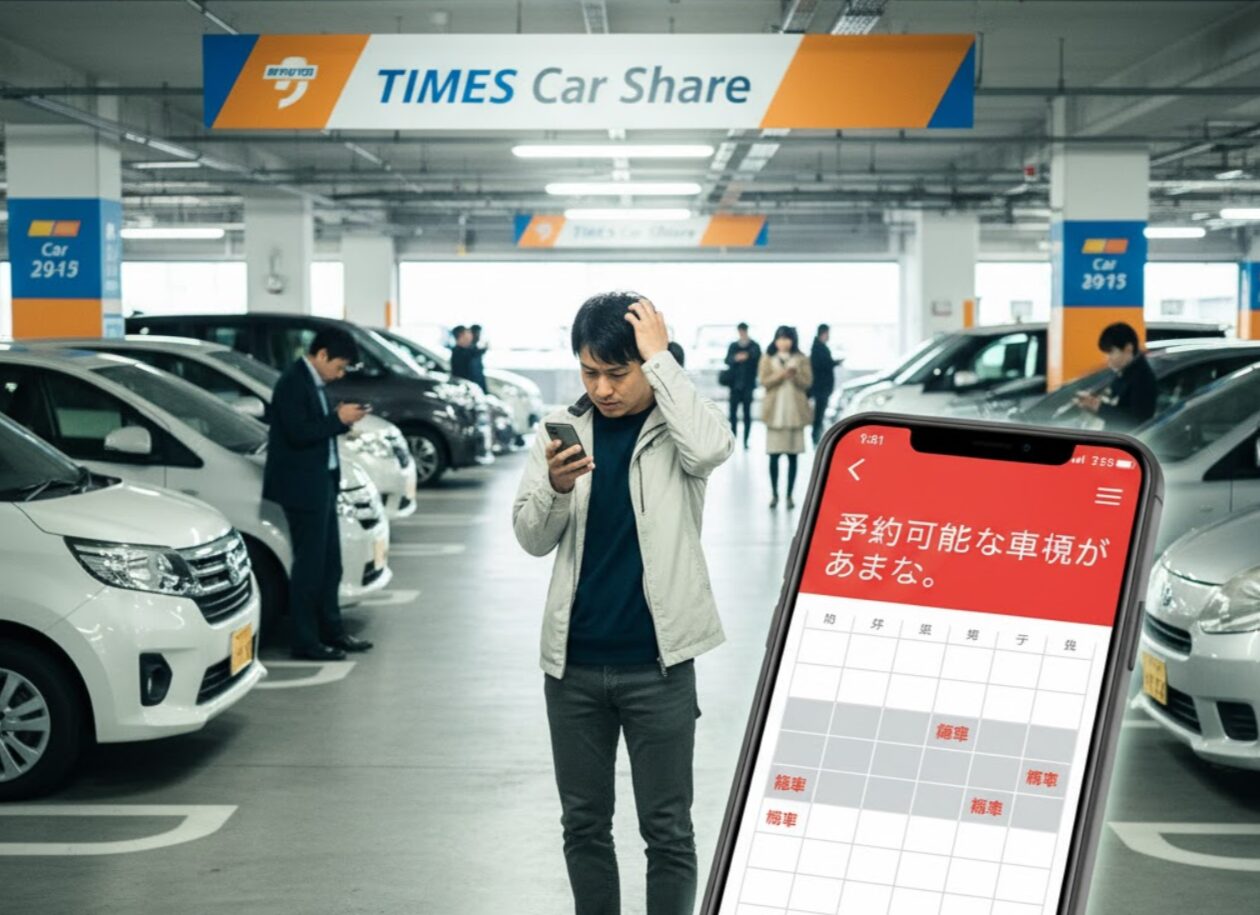 週末のタイムズカーシェアの駐車場で、予約アプリに「予約可能な車両があまりない」と表示され、頭を抱える男性