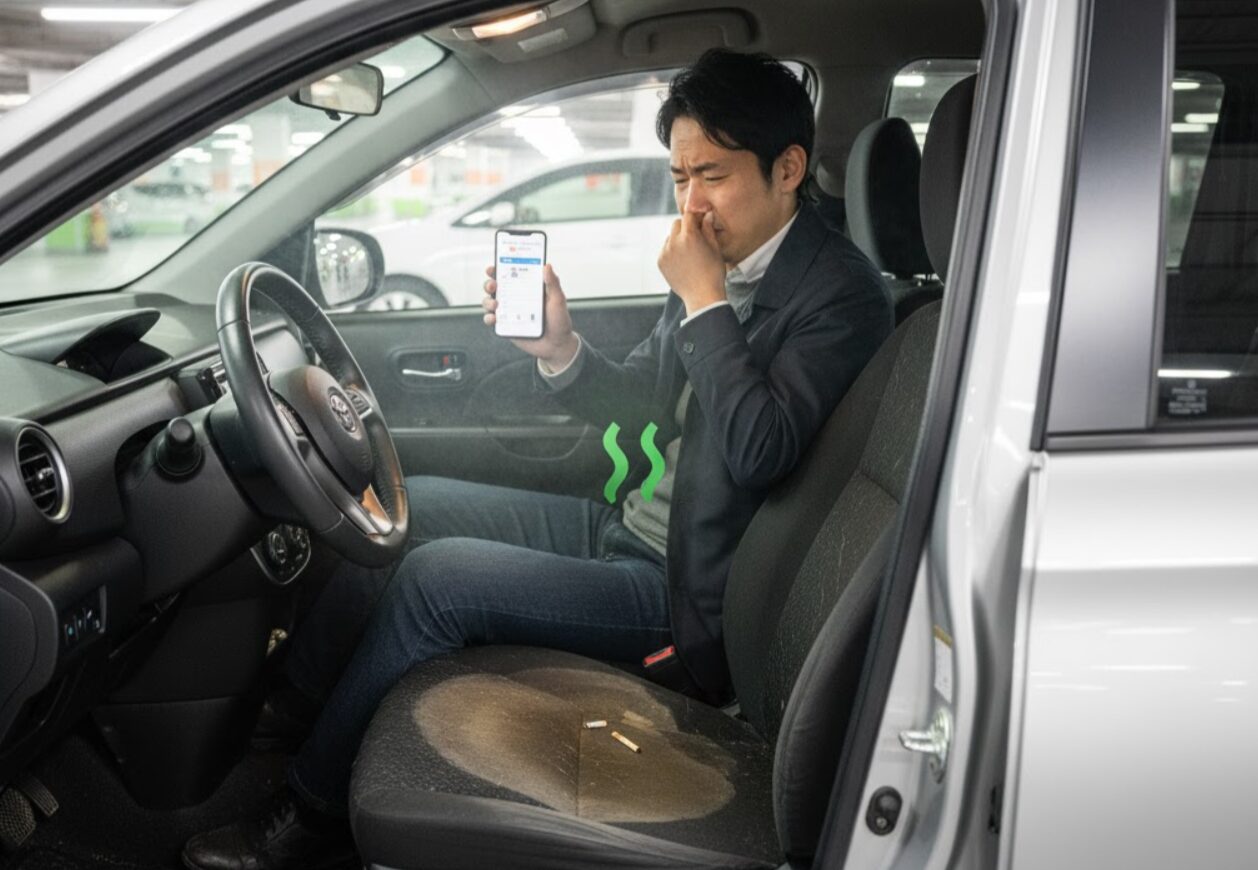 タイムズカーシェアの車内で、前の利用者のものと思われる汚れとタバコの臭いに気づき、鼻をつまみながらスマートフォンで報告している男性