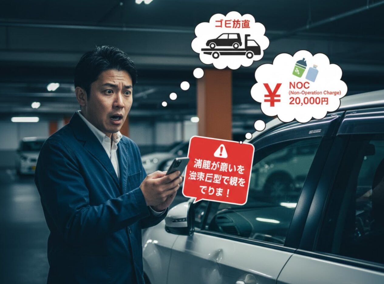 夜のタイムズカーシェア駐車場で、スマートフォンにNOC(ノンオペレーションチャージ)の警告が表示され、驚きと不安の表情を浮かべる男性