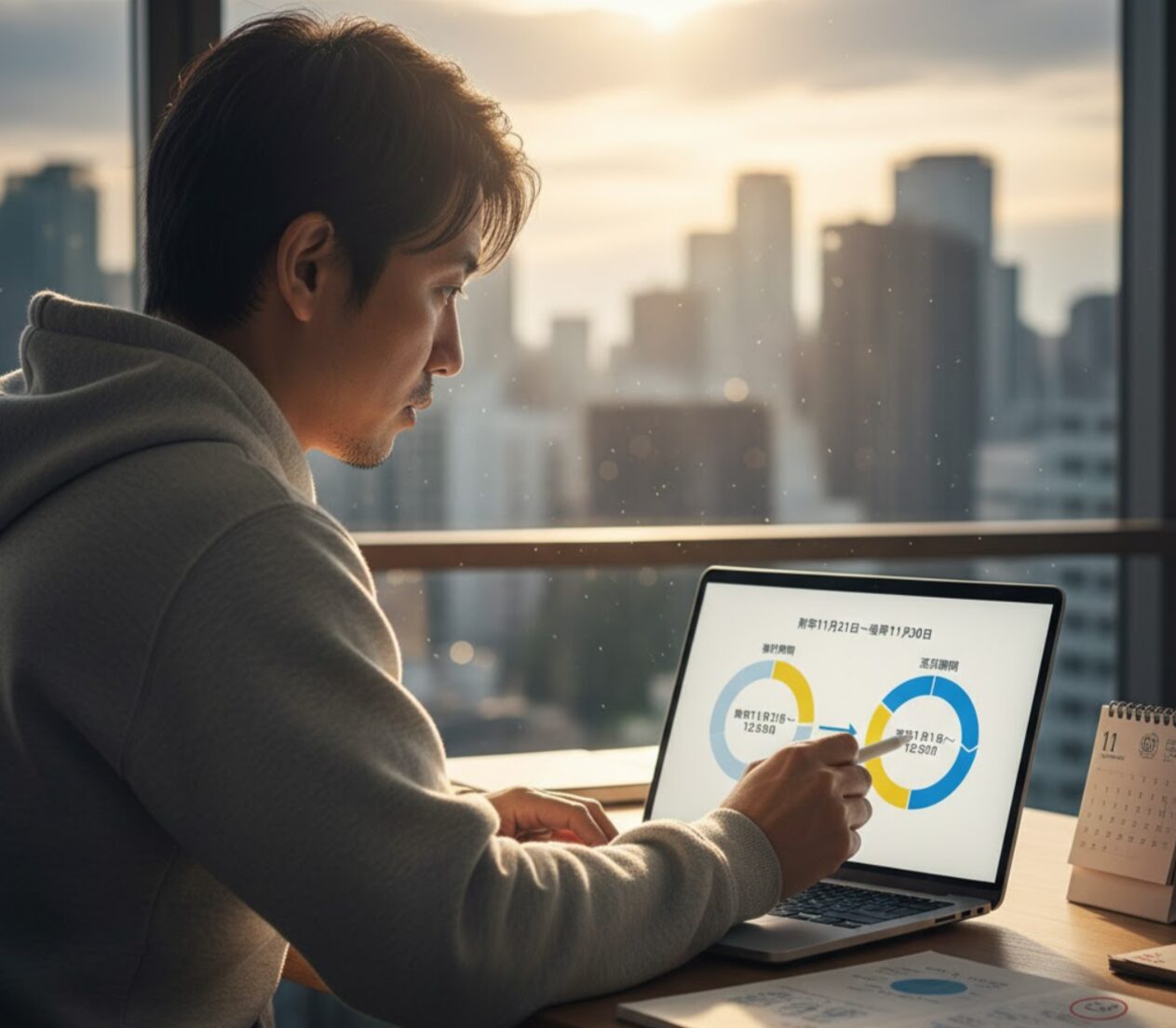 自宅の窓際で、タイムズカーシェアのステージ判定スケジュールを表す円グラフが映し出されたノートPCを真剣な表情で見つめる日本人男性。