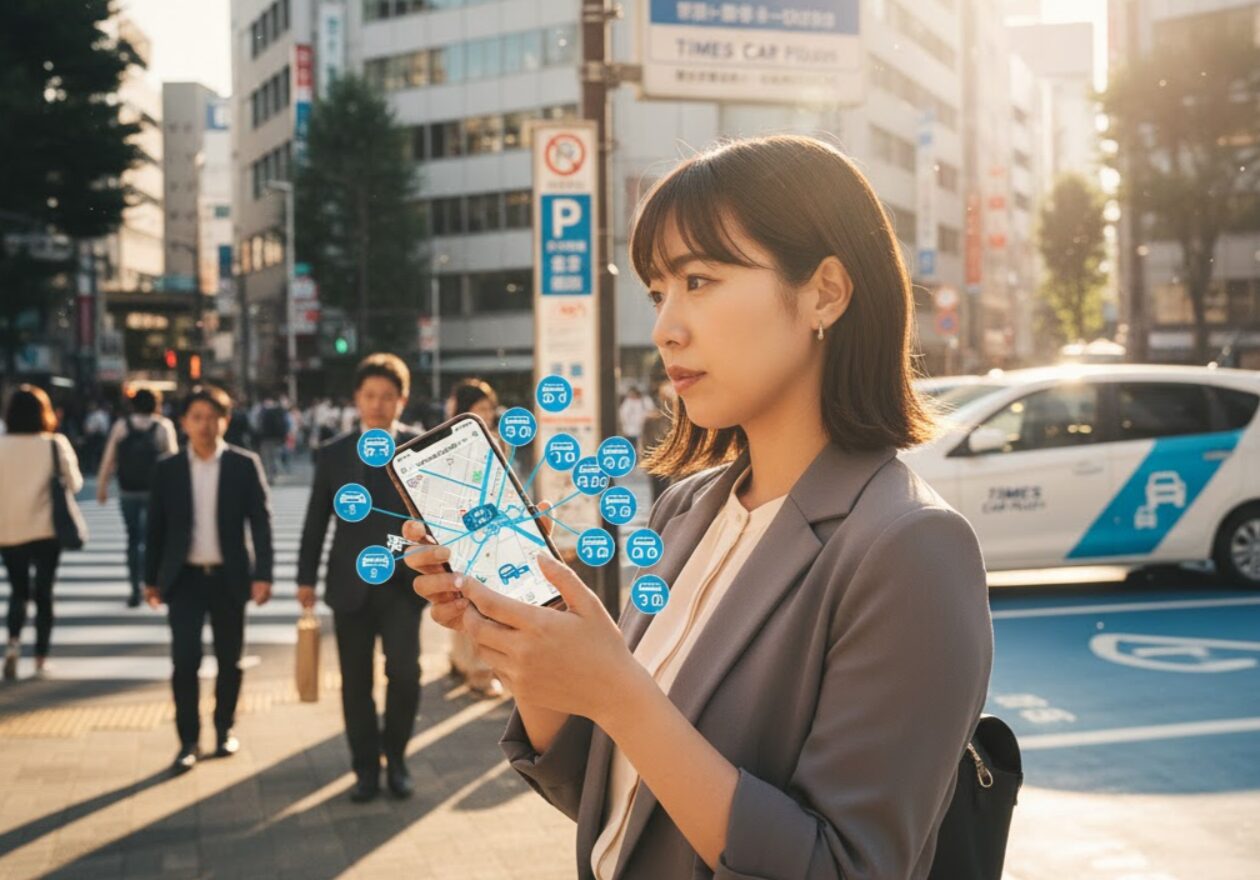 「タイムズのB」をイメージした個人宅の空き駐車スペース。予約して利用できる駐車場を示している。