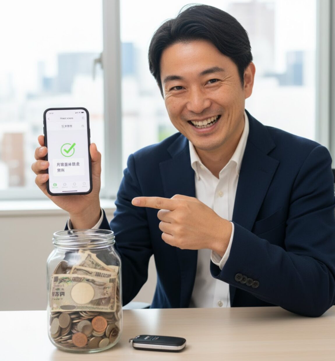 オフィスで、スマートフォンに表示された「月額基本料金 無料」の画面を指差し、貯金瓶とカーシェアのキーフォブを前に笑顔を見せる日本人ビジネスマン。