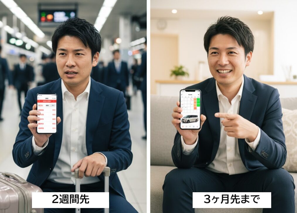 タイムズカーシェアの予約期間の違いを比較する分割画像。左は駅で「2週間先まで」の予約画面を残念そうに見せるビジネスマン、右は自宅で笑顔で「3ヶ月先まで」の予約画面を見せるビジネスマン。