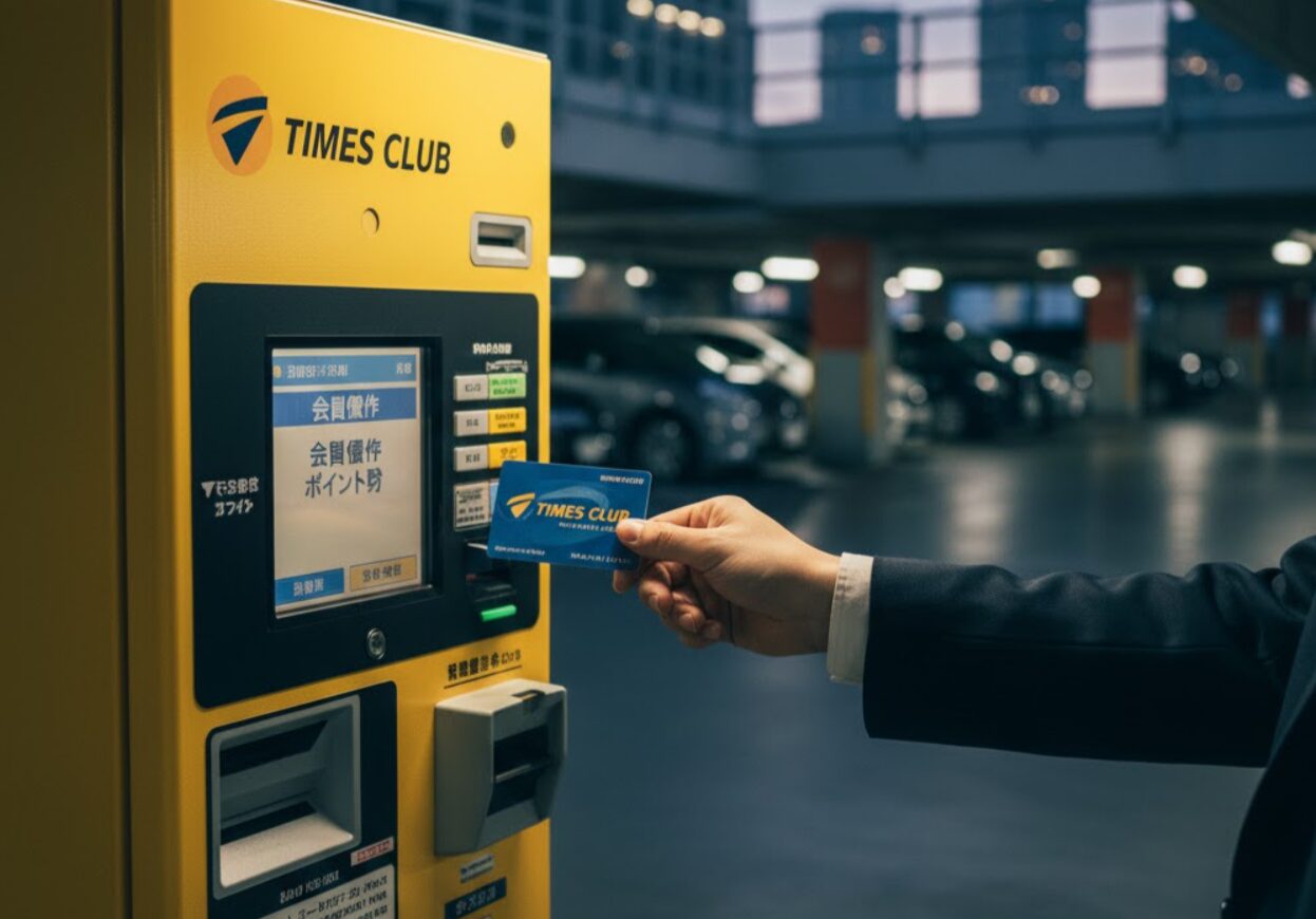 日本人の手がタイムズパーキングの精算機(黄色)にタイムズクラブカード(青色)を挿入し、ポイントを貯めようとしている様子。
