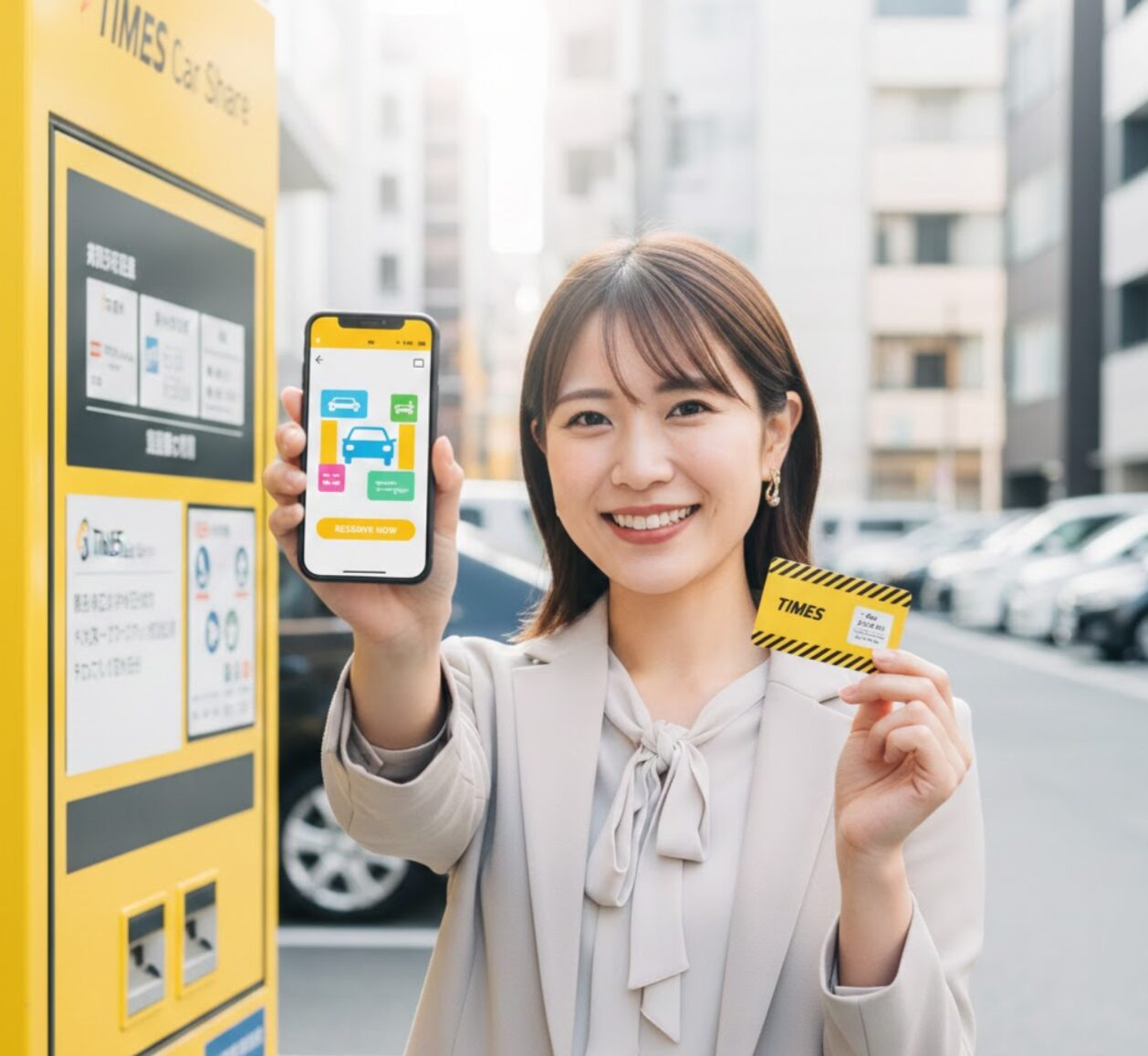 タイムズカーシェアのロゴと、アプリ画面が表示されたスマートフォンを持つ日本人の若い女性。
