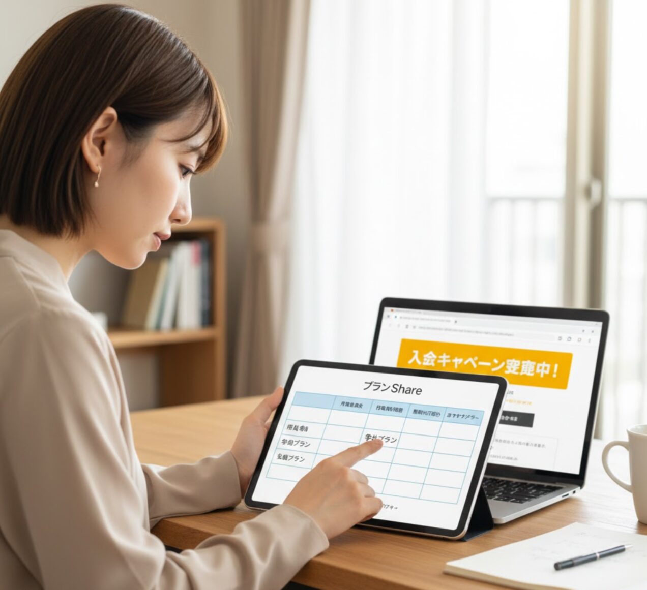 タイムズカーシェアの料金プラン表を比較検討する日本人の女性。