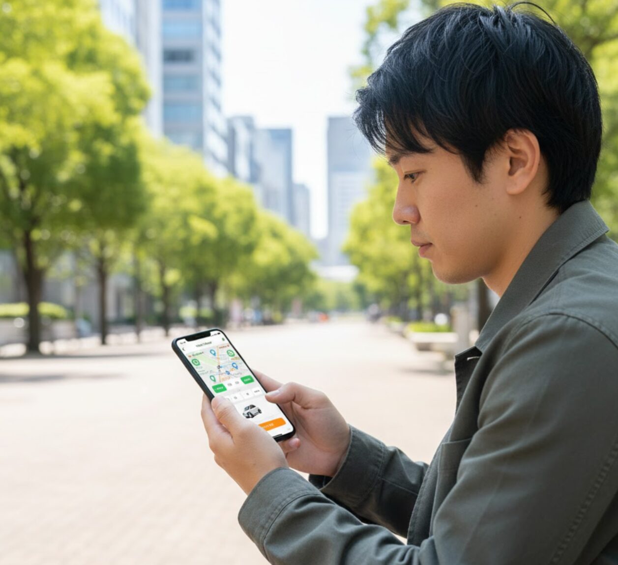 スマートフォンアプリでタイムズカーシェアの車両を予約する日本人の男性。