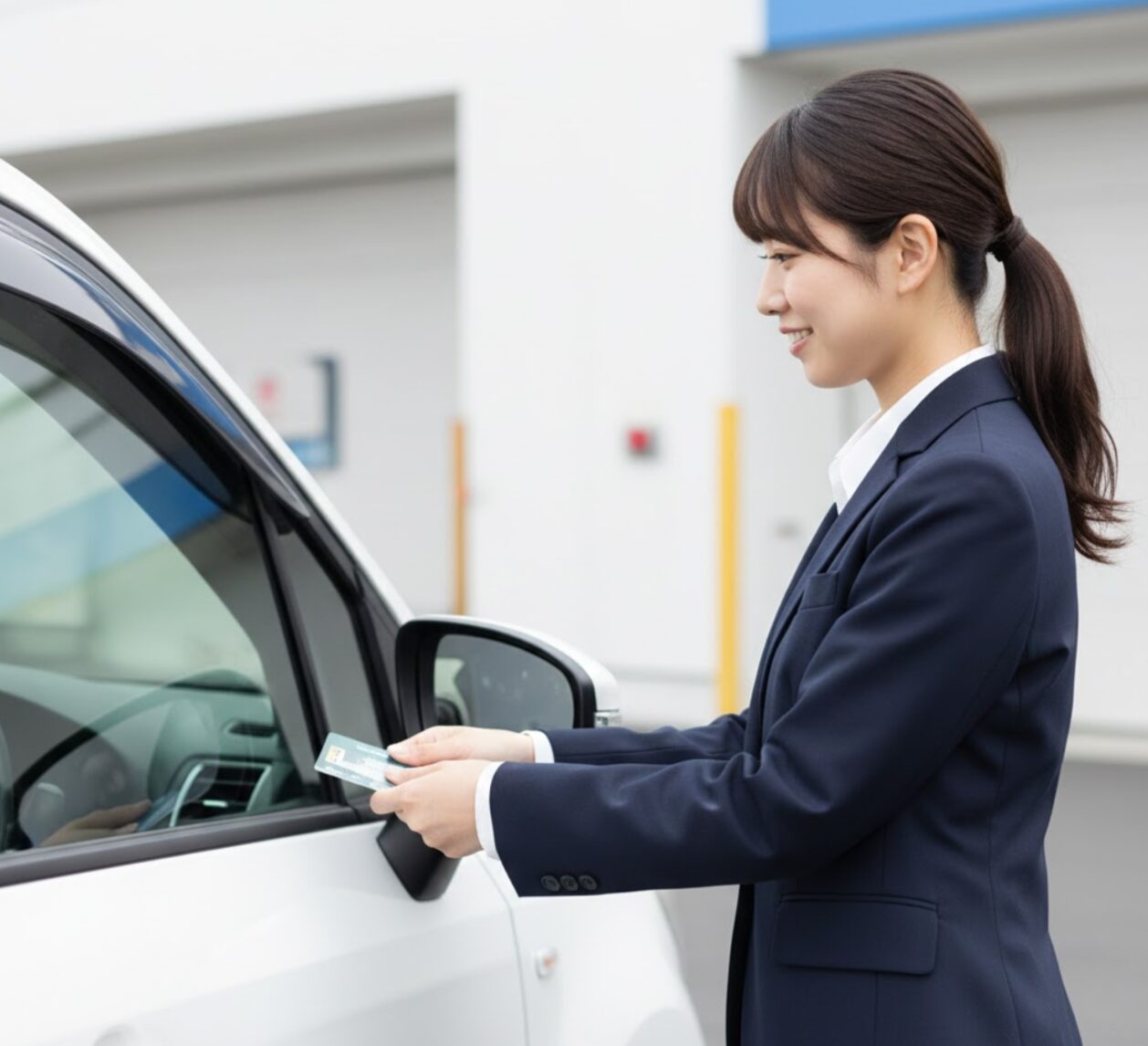 タイムズカーシェアの車両に会員カードをかざして解錠する日本人の女性。