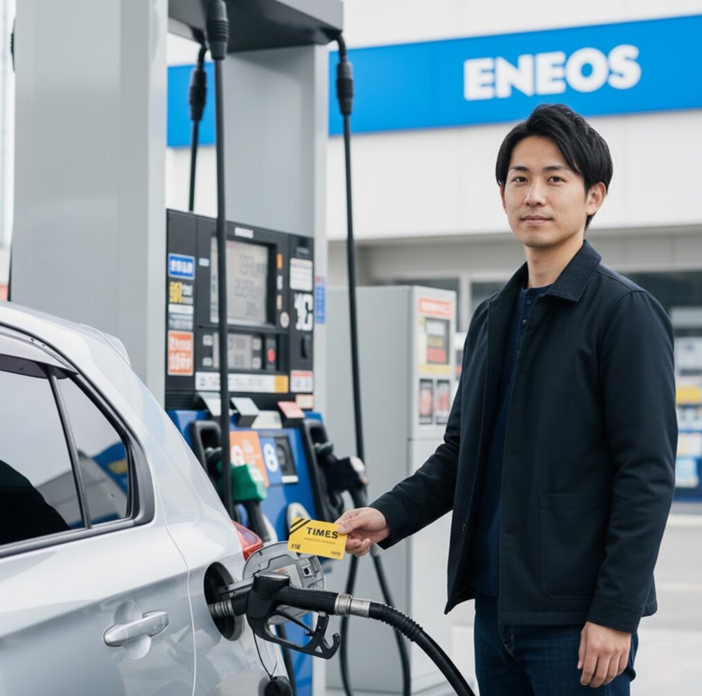 ガソリンスタンドでタイムズカーシェアの給油・洗車カードを使って給油する日本人の男性。