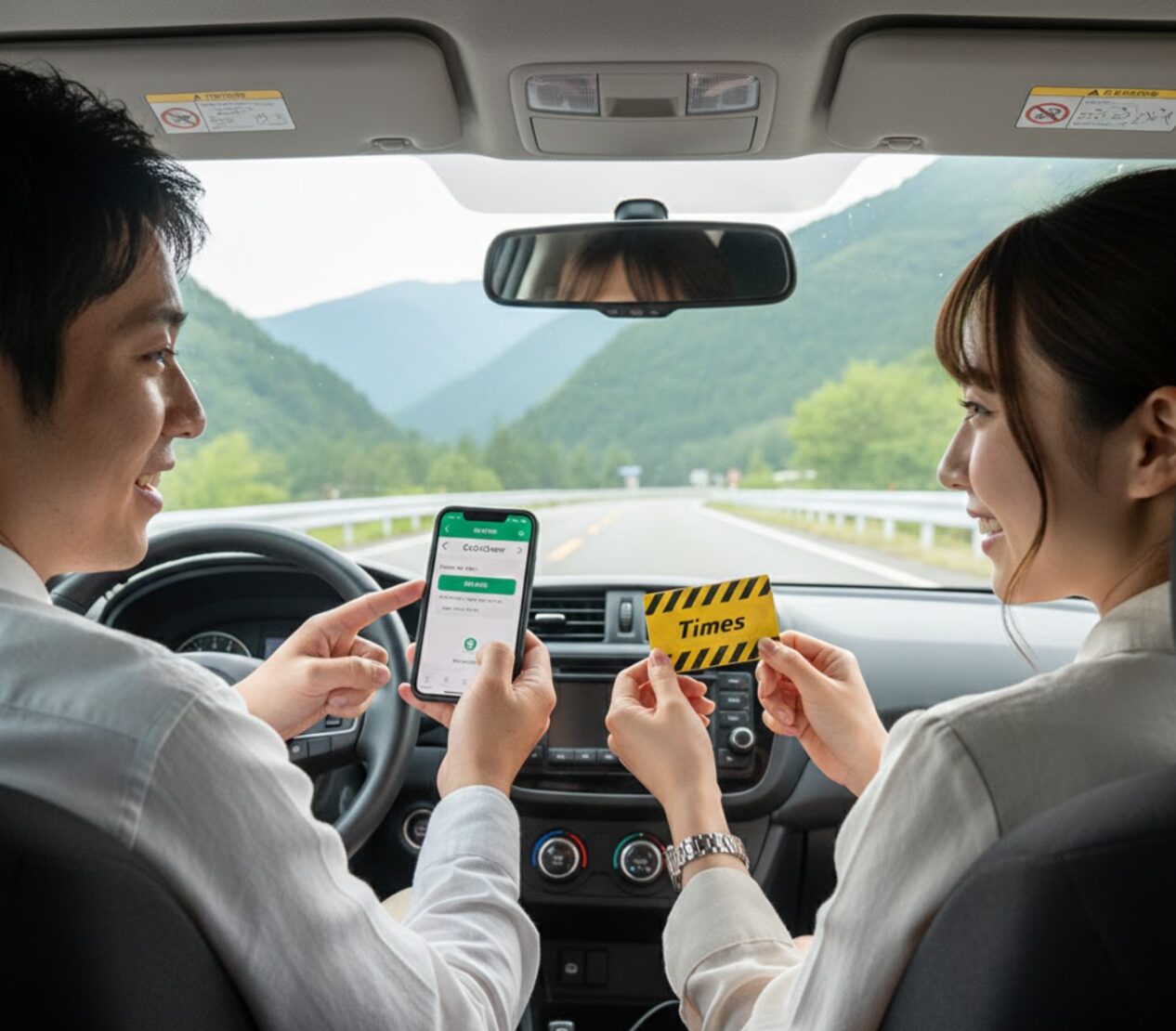 タイムズカーシェアの車内で、運転を交代する前にアプリで追加運転者登録を行う日本人二人組。