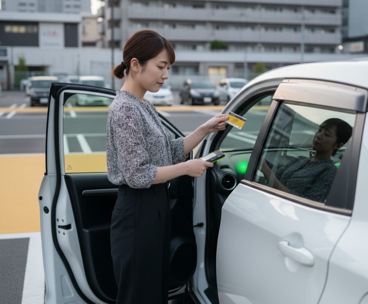タイムズカーシェアの車両をステーションの駐車スペースに返却し、忘れ物がないか確認する日本人の女性。
