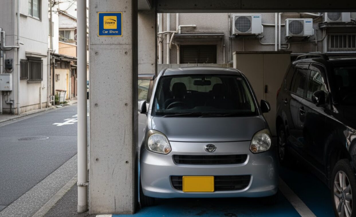 都心部の非常に狭い駐車スペース。両側ギリギリの状態でコンパクトカーが駐車しており、ドアを開けるのも困難そうな様子。