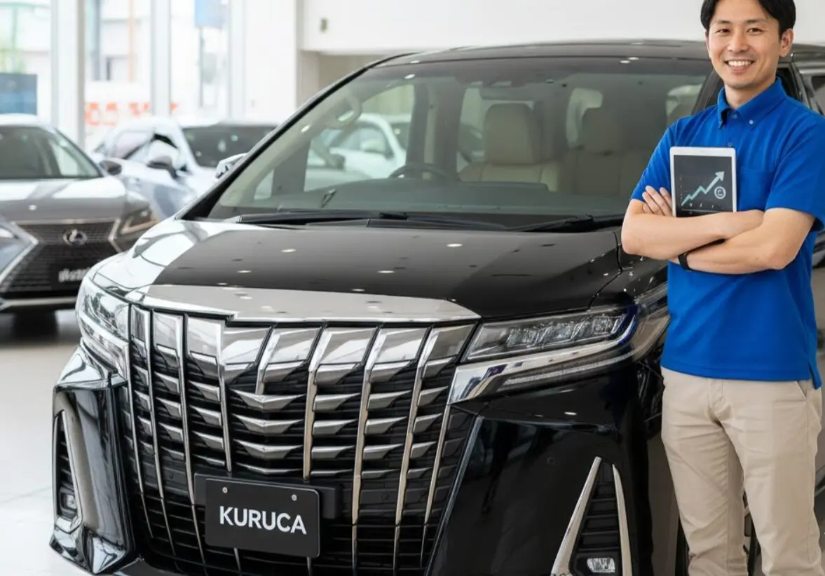 自動車ショールームで最新型の高級ミニバン（アルファードのような車）の隣に立つ、笑顔の日本人男性。男性は青いポロシャツとベージュのズボンを着用し、腕を組んでいる。車のグリルには「KURUCA」のロゴが見える。
