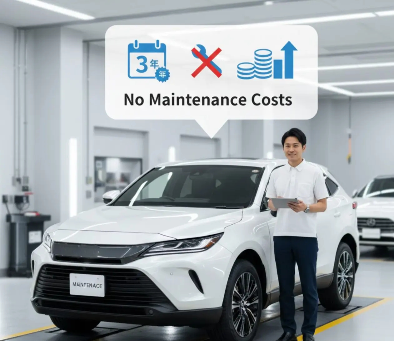 整備工場のような清潔な空間で、白いSUV（ハリアーのような車）の隣に立つ笑顔の日本人男性。男性はタブレットを持ち、車の上には「3年」「修理なし」「コスト削減」を示すアイコンと「No Maintenance Costs」というテキストを含む吹き出しがある。